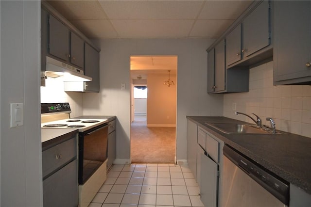 300 Smithfield Rd Unit P1-1, Providence, RI 02904 - kitchen with dark countertops, a sink, under cabinet range hood, stainless steel dishwasher, and white electric stove