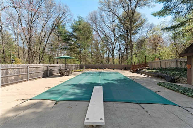 29 Howard Ave, Scituate, RI 02831 - view of pool featuring a patio, a fenced in pool, a fenced backyard, and a diving board