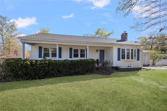ranch-style home with a front lawn and a chimney