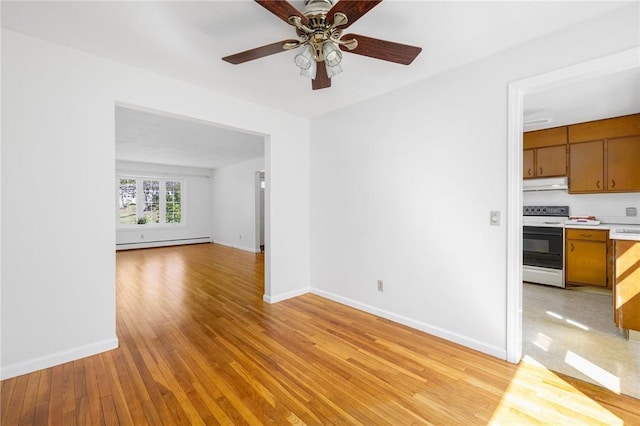unfurnished living room featuring baseboards, light wood-style flooring, ceiling fan, and baseboard heating