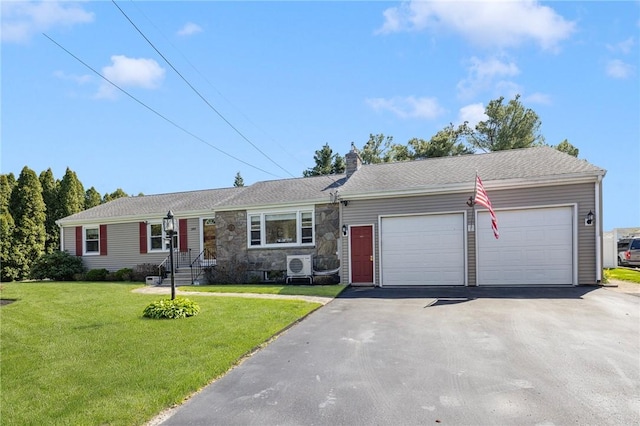 289 Oliphant Ln, Middletown, RI 02842 - ranch-style home with aphalt driveway, a front yard, stone siding, a chimney, and an attached garage