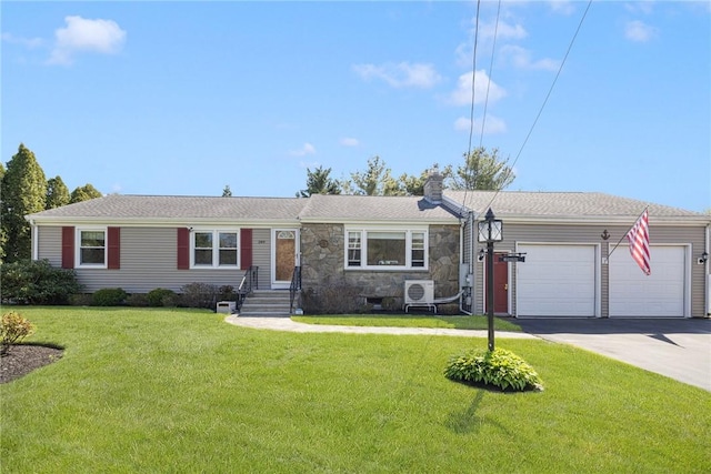 289 Oliphant Ln, Middletown, RI 02842 - ranch-style home with a front lawn, stone siding, a garage, a chimney, and driveway