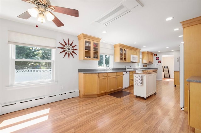 289 Oliphant Ln, Middletown, RI 02842 - kitchen featuring a sink, white appliances, light wood-type flooring, a baseboard heating unit, and glass insert cabinets