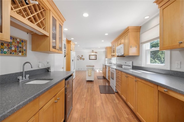 289 Oliphant Ln, Middletown, RI 02842 - kitchen featuring a ceiling fan, light wood-type flooring, a sink, glass insert cabinets, and white appliances