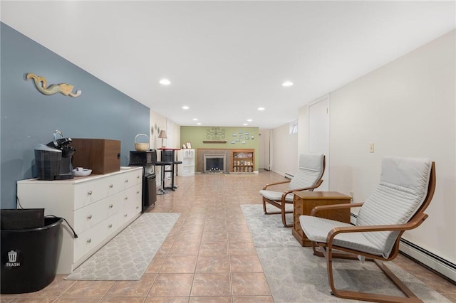 289 Oliphant Ln, Middletown, RI 02842 - sitting room featuring a fireplace, recessed lighting, light tile patterned floors, and a baseboard radiator