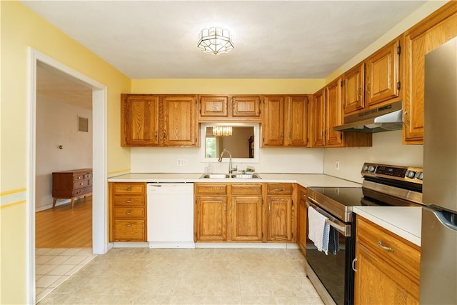 51 Scenic Dr, West Warwick, RI 02893 - kitchen featuring under cabinet range hood, stainless steel appliances, brown cabinetry, and a sink