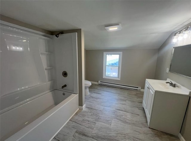 191 Canfield Ave, Warwick, RI 02889 - bathroom with a baseboard radiator, marble finish floors, toilet, vanity, and baseboards