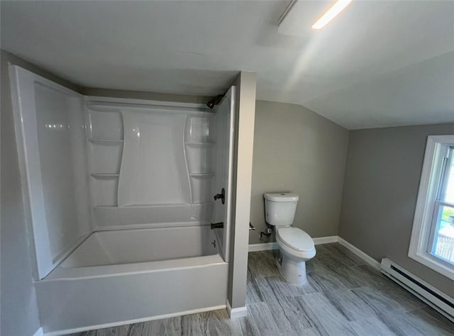 191 Canfield Ave, Warwick, RI 02889 - bathroom featuring a baseboard radiator, toilet, shower / tub combination, baseboards, and wood finished floors
