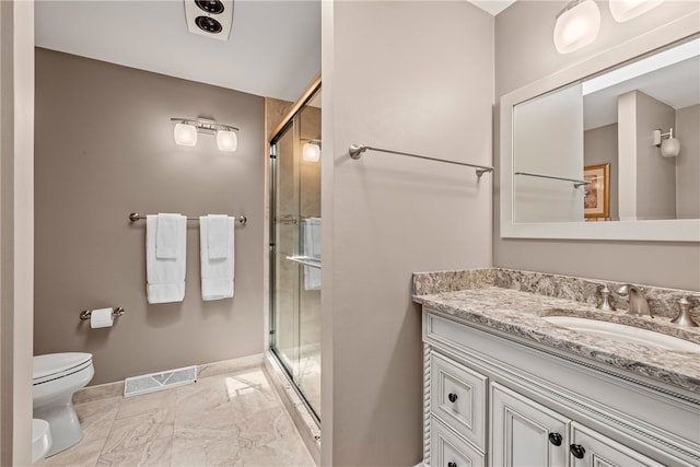 full bathroom with visible vents, marble finish floor, a stall shower, and toilet
