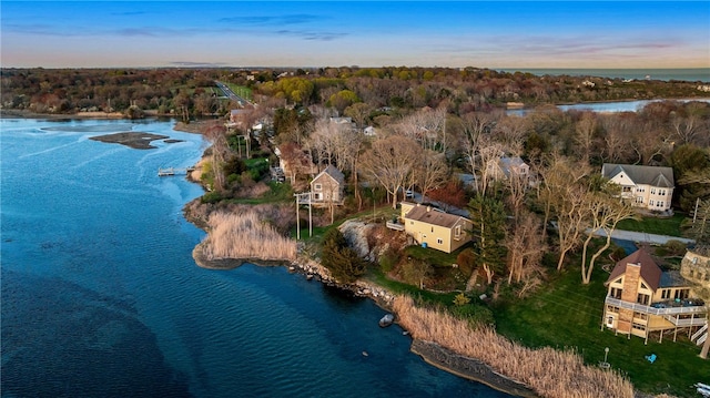 aerial view with a water view and a forest view