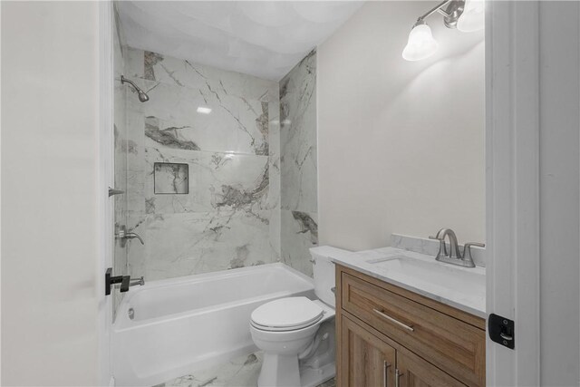 full bathroom with vanity, marble finish floor, toilet, and bathing tub / shower combination