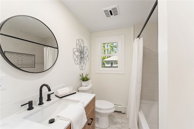 full bathroom with visible vents, vanity, a baseboard heating unit, toilet, and marble finish floor