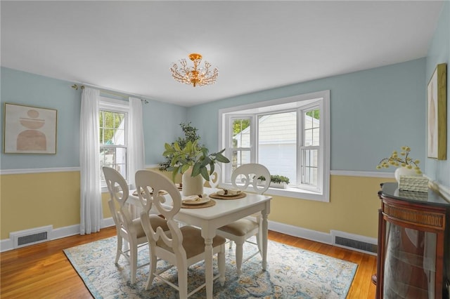 dining area featuring visible vents, baseboards, and wood finished floors