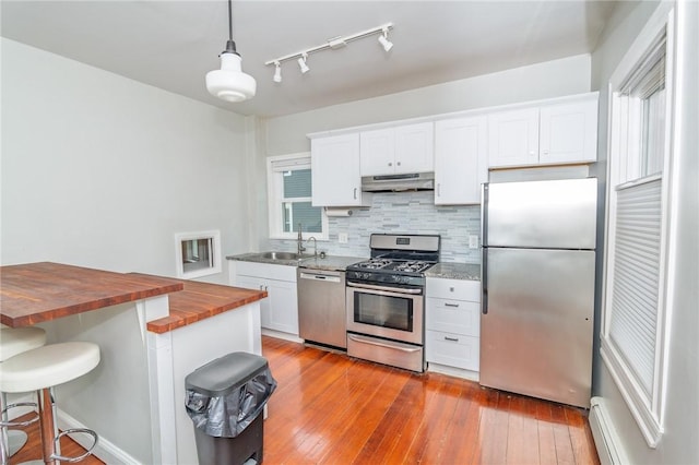 kitchen featuring a sink, butcher block countertops, stainless steel appliances, tasteful backsplash, and under cabinet range hood