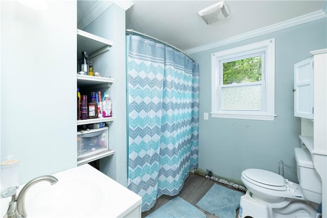 71 Centennial St, Burrillville, RI 02859 - bathroom featuring toilet, crown molding, wood finished floors, a sink, and curtained shower