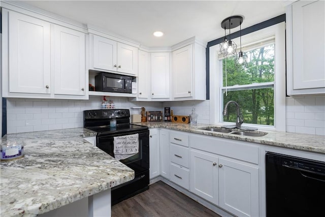 71 Centennial St, Burrillville, RI 02859 - kitchen featuring black appliances, a sink, white cabinets, light stone countertops, and recessed lighting