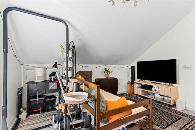 bedroom featuring baseboards and lofted ceiling