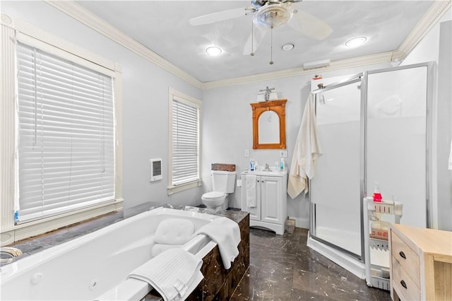 full bath with vanity, a jetted tub, a ceiling fan, a shower stall, and ornamental molding