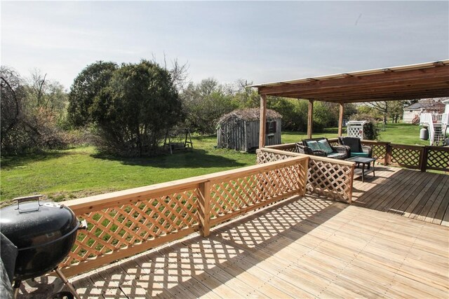 7 Smithfield Dr, Middletown, RI 02842 - deck featuring a storage shed, a yard, an outdoor structure, and an outdoor hangout area