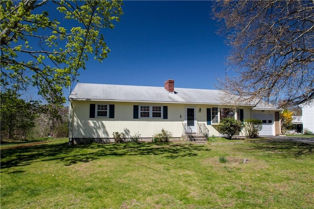 7 Smithfield Dr, Middletown, RI 02842 - ranch-style home with a garage, a front lawn, driveway, and a chimney