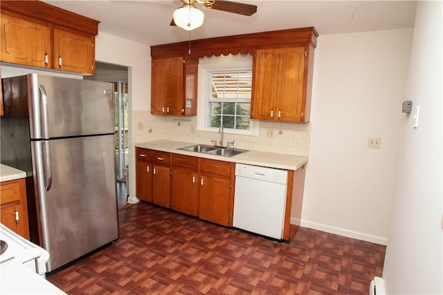 7 Smithfield Dr, Middletown, RI 02842 - kitchen featuring a ceiling fan, baseboard heating, dishwasher, a sink, and freestanding refrigerator