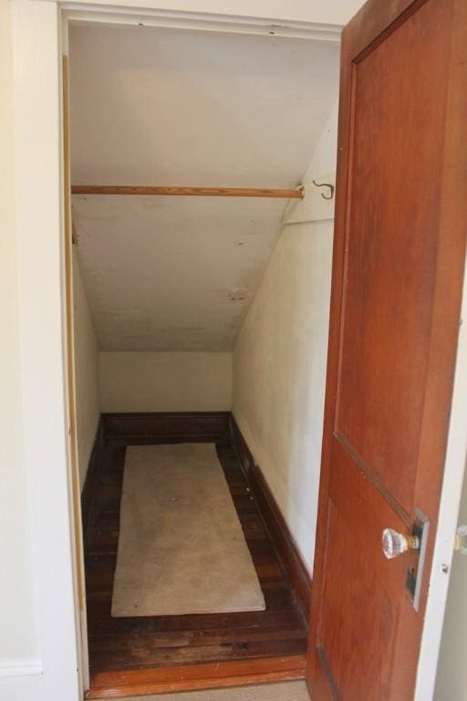 interior space featuring wood finished floors and vaulted ceiling