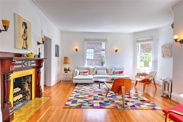 living room with ornamental molding, baseboards, radiator heating unit, a fireplace with flush hearth, and light wood finished floors