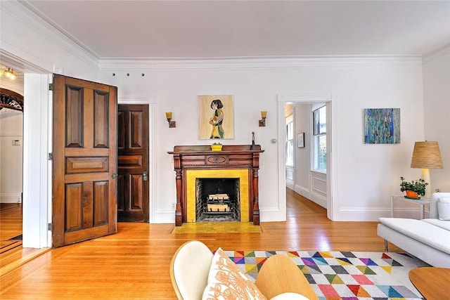 living area featuring crown molding, baseboards, a fireplace with flush hearth, and light wood finished floors