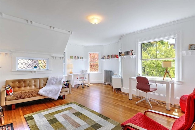 sitting room featuring baseboards, a wealth of natural light, radiator heating unit, and wood finished floors