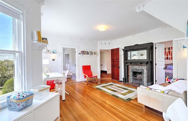 living room featuring a fireplace with raised hearth, light wood finished floors, a healthy amount of sunlight, and rail lighting