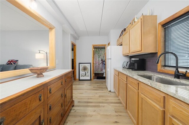 94 Cowesett Ave Unit 1, West Warwick, RI 02893 - kitchen featuring tasteful backsplash, a sink, a toaster, freestanding refrigerator, and light wood finished floors