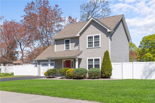 traditional-style home featuring fence, roof with shingles, an attached garage, a front yard, and driveway