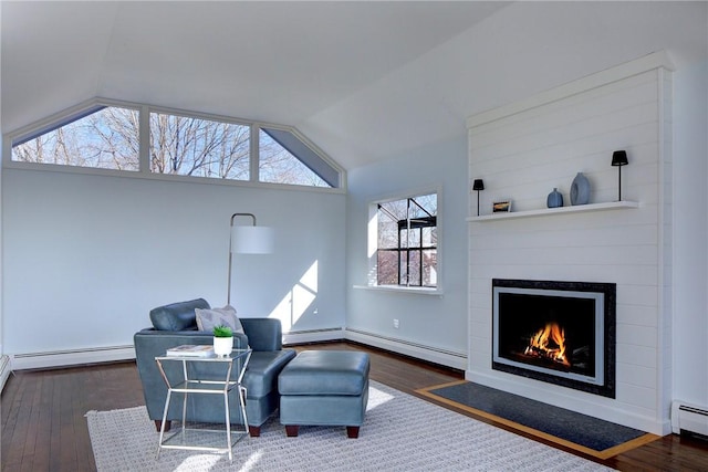 interior space featuring a baseboard radiator, baseboard heating, vaulted ceiling, and wood finished floors