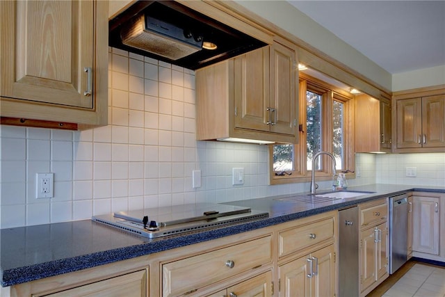 kitchen featuring dark countertops, a sink, backsplash, exhaust hood, and stainless steel appliances
