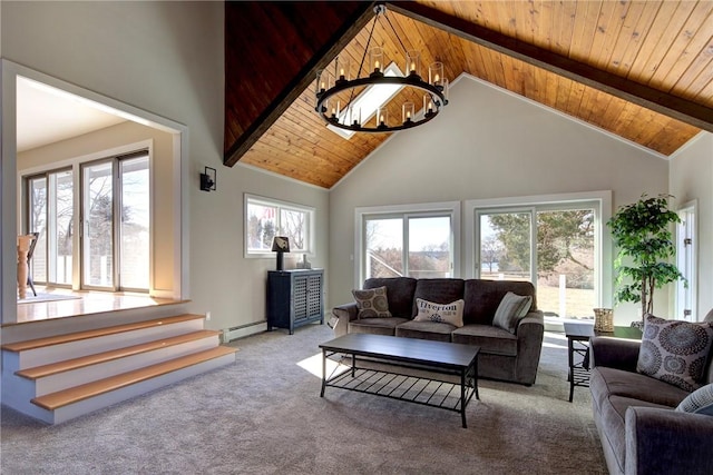 living room featuring a notable chandelier, plenty of natural light, and a baseboard radiator