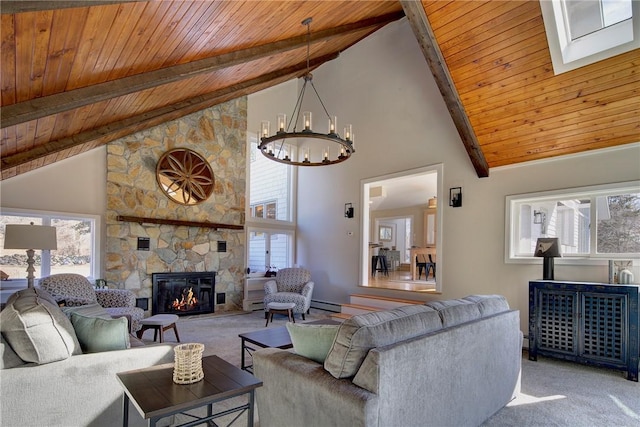 living area with high vaulted ceiling, carpet, and wood ceiling