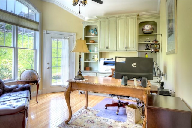 office featuring crown molding, ceiling fan, and light wood finished floors