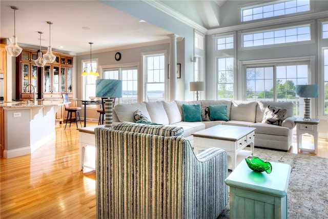 living room with ornamental molding and light wood-type flooring