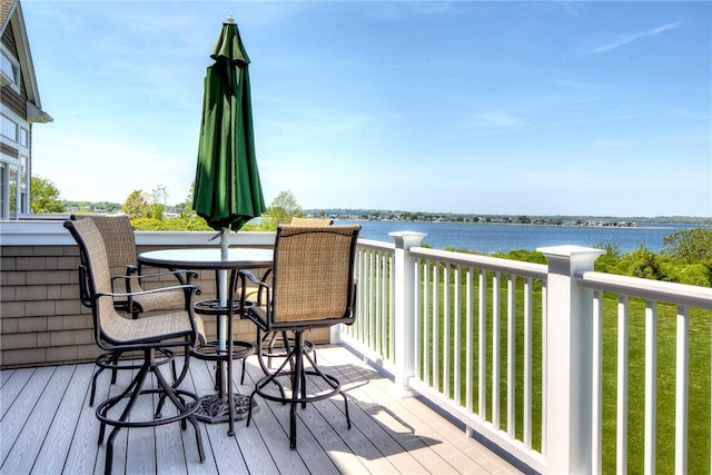 wooden terrace featuring a water view