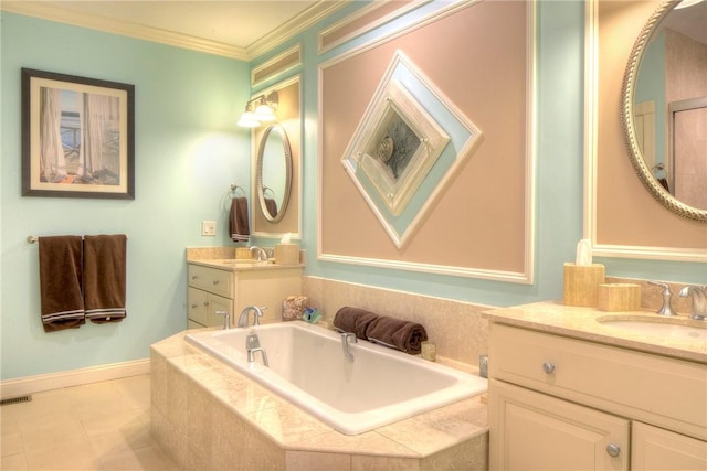 full bathroom featuring two vanities, ornamental molding, a sink, and a bath