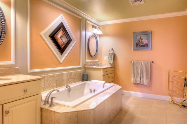 bathroom featuring visible vents, crown molding, a garden tub, two vanities, and a sink