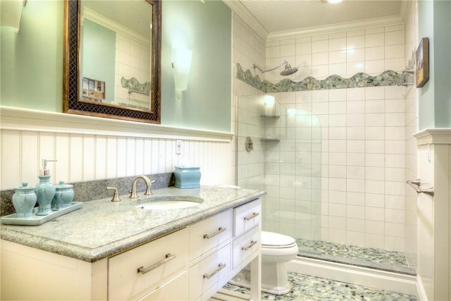 87 Waters Edge, Tiverton, RI 02878 - full bath with crown molding, vanity, a tile shower, and toilet