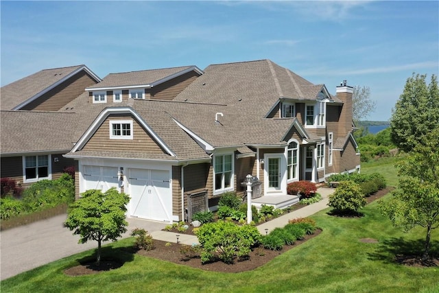 craftsman inspired home featuring a chimney, a front lawn, concrete driveway, an attached garage, and a shingled roof