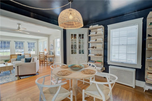 dining room with a ceiling fan, radiator, wood finished floors, and a wealth of natural light