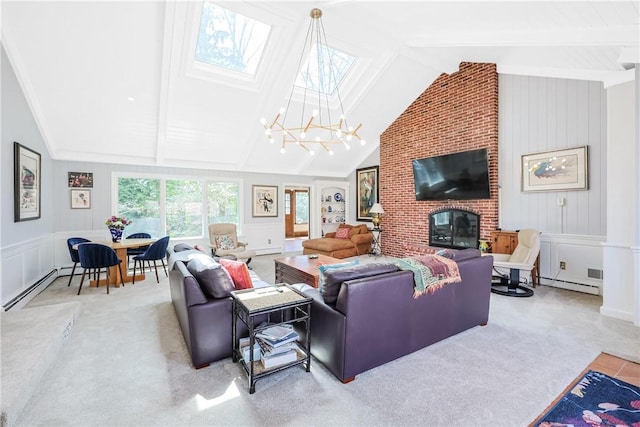 170 Summit Dr, Cranston, RI 02920 - living room with a decorative wall, vaulted ceiling with skylight, carpet flooring, a brick fireplace, and baseboard heating