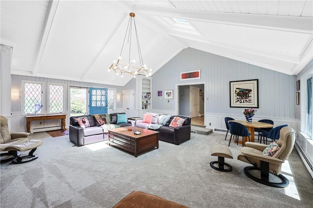 170 Summit Dr, Cranston, RI 02920 - carpeted living room with a decorative wall, a chandelier, lofted ceiling with beams, and a baseboard heating unit