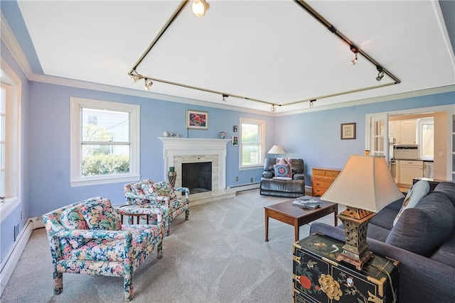170 Summit Dr, Cranston, RI 02920 - living room featuring rail lighting, light carpet, a fireplace, and a baseboard heating unit