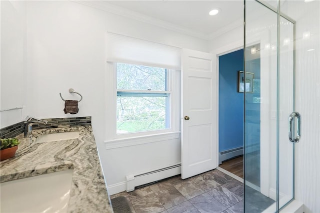 170 Summit Dr, Cranston, RI 02920 - full bath featuring a shower stall, baseboards, baseboard heating, and ornamental molding