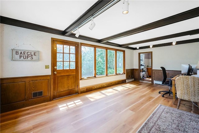 170 Summit Dr, Cranston, RI 02920 - home office featuring light wood-style flooring, beam ceiling, rail lighting, visible vents, and wainscoting
