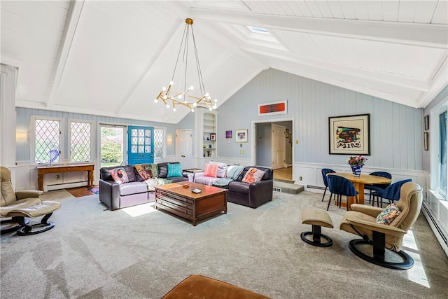 170 Summit Dr, Cranston, RI 02920 - carpeted living room featuring baseboard heating, a chandelier, and a decorative wall